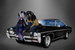 Size: 7200x4800 | Tagged: safe, artist:silverfir, oc, earth pony, pony, unicorn, semi-anthro, arm hooves, car, chevrolet impala, clothes, cosplay, costume, duo, supernatural