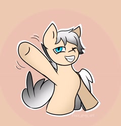 Size: 1938x2025 | Tagged: safe, artist:foxx_grey_art, oc, oc only, oc:colin grey, pegasus, pony, bust, one eye closed, pegasus oc, simple background, smiling, waving, waving at you, wings