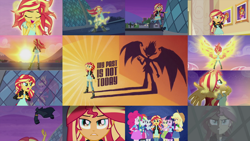 Size: 1280x721 | Tagged: safe, editor:quoterific, screencap, applejack, fluttershy, pinkie pie, rainbow dash, rarity, sunset shimmer, twilight sparkle, demon, human, equestria girls, g4, my past is not today, song, sunset satan