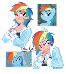 Size: 1434x1602 | Tagged: safe, artist:l4zy_4le, screencap, rainbow dash, human, pegasus, pony, daring don't, g4, tanks for the memories, bandage, clothes, cutie mark on clothes, ear piercing, earring, faic, female, hoodie, humanized, jewelry, light skin, piercing, rainbow dash is best facemaker, rainbow grinch, scene interpretation, screencap reference, simple background, smug, white background