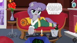 Size: 1920x1080 | Tagged: safe, artist:facelessjr, boulder (g4), maud pie, earth pony, pony, g4, alcohol, alternate hairstyle, balcony, body pillow, bottle, bucket, candle, clothes, coffee table, couch, dialogue, ear piercing, earring, eyeshadow, female, fire, fireplace, flower, gem, gemstones, glass, ice, jewelry, lidded eyes, makeup, mare, moon, necklace, night, night sky, ocean, offscreen character, pet rock, piercing, plate, pov, robe, rose, sky, vase, water, wine, wine bottle, wine glass