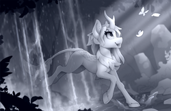 Size: 2500x1620 | Tagged: safe, artist:yakovlev-vad, oc, oc only, butterfly, kirin, cloven hooves, grayscale, kirin oc, leonine tail, monochrome, open mouth, open smile, patreon, patreon reward, scenery, smiling, solo, tail, water, waterfall