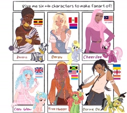 Size: 2048x1824 | Tagged: safe, artist:cryweas, cheerilee, cozy glow, daring do, derpy hooves, tree hugger, zecora, earth pony, human, pegasus, pony, zebra, g4, :p, africa, african, alternate hairstyle, american flag, bag, bandana, belly button, belt, bisexual pride flag, blood, bracelet, candy, clothes, dark skin, denim, dress, ear piercing, earring, eye scar, eyeshadow, facial markings, facial scar, female, filly, foal, food, freckles, georgia (country), glasses, gloves, grin, hairband, hat, hijab, humanized, islam, jamaica, jeans, jewelry, knife, lesbian pride flag, lipstick, lollipop, makeup, malaysia, mare, midriff, muffin, nail polish, neck rings, necklace, nosebleed, older, older cozy glow, overalls, pansexual, pansexual pride flag, pants, peru, piercing, pride, pride flag, ring, scar, shirt, simple background, six fanarts, skirt, smiling, t-shirt, tank top, tattoo, tongue out, trans female, transgender, transgender pride flag, uganda, ukraine, united kingdom, united states, wall of tags, white background, zebra stripes