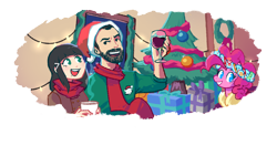 Size: 1920x1080 | Tagged: safe, artist:moralem, pinkie pie, spirit of hearth's warming presents, human, a hearth's warming tail, g4, christmas, christmas tree, dia kurosawa, facial hair, glass, holiday, jacksfilms, love live!, love live! sunshine!!, present, siivagunner, simple background, the inevitable holiday album, transparent background, tree, wine glass