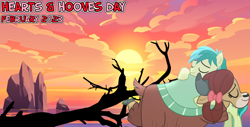 Size: 2064x1049 | Tagged: safe, artist:not-yet-a-brony, sandbar, yona, earth pony, pony, yak, g4, 2023, beach, cloud, driftwood, duo, february, female, friends, friendship, hearts and hooves day, holiday, hug, implied shipping, lyrics in the description, male, ocean, rock, ship:yonabar, shipping, song in the description, song reference, straight, sun, tree branch, valentine's day, water, youtube link in the description