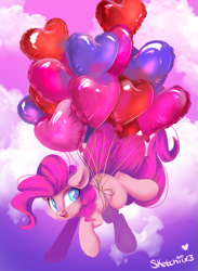 Size: 909x1244 | Tagged: safe, artist:sketchiix3, pinkie pie, earth pony, pony, g4, balloon, cloud, colored pupils, cute, diapinkes, female, floating, happy, heart, heart balloon, mare, open mouth, open smile, smiling, solo, then watch her balloons lift her up to the sky