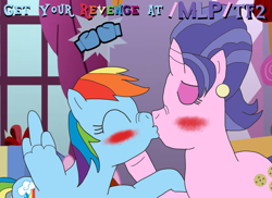 Size: 3507x2550 | Tagged: safe, cookie crumbles, rainbow dash, pegasus, pony, unicorn, g4, /mlp/ tf2 general, blushing, curtains, female, high res, kiss on the lips, kissing, lesbian, mare, present, revenge, team fortress 2, text, window