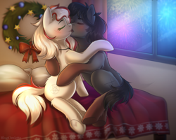 Size: 2000x1600 | Tagged: safe, artist:blueomlette, oc, oc only, earth pony, pony, bed, bedroom, blushing, christmas, commission, earth pony oc, female, fireworks, holiday, kissing, male, mare, oc x oc, shipping, stallion, straight, wreath