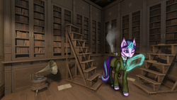 Size: 1366x768 | Tagged: safe, artist:desperius, starlight glimmer, pony, unicorn, g4, alternate hairstyle, bookshelf, cigarette, clothes, crossover, female, game, gramophone, ladder, magic, mare, pathologic, solo, telekinesis