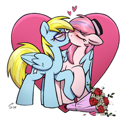 Size: 3372x3243 | Tagged: safe, artist:selenophile, oc, oc only, oc:cloud cuddler, oc:sweet haze, earth pony, pegasus, pony, blushing, duo, eyelashes, eyes closed, female, femboy, flower, glasses, hat, heart, hearts and hooves day, high res, holding hooves, holiday, hug, kiss on the lips, kissing, male, mare, mouse cursor, pegasus oc, simple background, stallion, straight, valentine's day, white background, winghug, wings