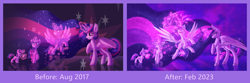 Size: 4000x1330 | Tagged: safe, artist:shad0w-galaxy, twilight sparkle, alicorn, pony, unicorn, g4, the last problem, age progression, before and after, book, chest fluff, comparison, draw this again, ear fluff, ethereal mane, female, fluffy, force field, high res, hooves, magic, mare, multeity, older, older twilight, older twilight sparkle (alicorn), princess twilight 2.0, redraw, reflection, solo, starry mane, twilight sparkle (alicorn), unicorn twilight, unshorn fetlocks, watermark