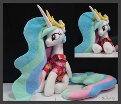 Size: 1280x1105 | Tagged: safe, artist:shunnkai, princess celestia, alicorn, pony, between dark and dawn, g4, clothes, crown, female, folded wings, irl, jewelry, mare, photo, plushie, regalia, shirt, sitting, solo, wings