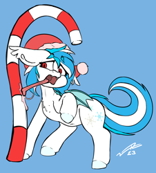Size: 1322x1465 | Tagged: safe, artist:sleepy ray, oc, oc only, oc:snow, bat pony, pony, bat pony oc, bat wings, belly button, blue background, candy, candy cane, chest fluff, christmas, drool, drool string, eyelashes, eyeliner, fangs, female, floppy ears, food, hat, holiday, long tongue, makeup, raised hoof, red eyes, santa hat, scared, simple background, slit pupils, solo, stuck, tail, tongue out, tongue stuck to pole, two toned mane, two toned tail, wide eyes, wings