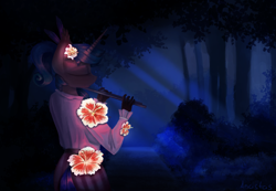 Size: 2600x1800 | Tagged: safe, alternate version, artist:anastas, oc, oc only, oc:angerona, unicorn, anthro, anthro oc, clothes, commission, feather, flower, flower in hair, flute, forest, glowing, glowing flowers, moonlight, musical instrument, night, oda 997, tree