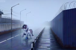 Size: 2560x1707 | Tagged: safe, artist:adagiostring, oc, oc only, oc:blackjack, pony, unicorn, fallout equestria, fallout equestria: project horizons, barbed wire, crossover, cute, detailed background, fanart, fanfic art, female, fog, high res, mare, scenery, solo, study, walking