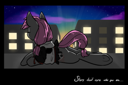 Size: 1280x853 | Tagged: safe, artist:sinclair2013, oc, oc only, earth pony, pony, butt, city, eyes closed, night, plot, solo