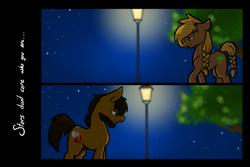 Size: 1280x853 | Tagged: safe, artist:sinclair2013, oc, oc only, oc:cutter, oc:heartree, earth pony, pony, duo, female, lamppost, male, mare, night, nudity, sheath, stallion