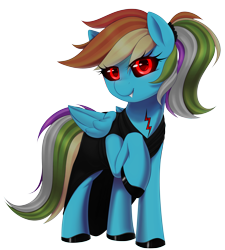Size: 3600x4000 | Tagged: safe, artist:thebatfang, edit, rainbow dash, oc, oc only, oc:rainbow_dash.exe, pegasus, pony, .exe, alternate hairstyle, black dress, black sclera, black shoes, clothes, cute, dress, fanart, female, glowing, glowing eyes, looking at you, mare, png, ponytail, rainbow.exe, red eyes, shoes, simple background, smiling, solo, transparent background