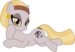Size: 2230x1538 | Tagged: safe, artist:badumsquish, derpibooru exclusive, oc, oc only, living hieroglyph, monster pony, original species, pony, g4, bedroom eyes, draw me like one of your french girls, ear piercing, earring, egyptian, egyptian pony, eye of horus, female, headband, heart, hieroglyphics, holiday, jewelry, looking at you, lying down, painting, piercing, pose, prone, simple background, smiling, solo, tail, tail wrap, transparent background, trap (device)