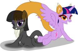 Size: 2705x1782 | Tagged: safe, artist:badumsquish, derpibooru exclusive, twilight sparkle, oc, alicorn, fox, fox pony, hybrid, kitsune, kitsune pony, monster pony, original species, pony, shadow pony, g4, backwards cutie mark, butt, cursed, duo, egyptian, egyptian pony, eyeshadow, female, fox ears, fox tail, grin, heart, holiday, looking at you, magic, makeup, mare, plot, possessed, possession, red eyes, red eyeshadow, shadow, sharp teeth, show accurate, simple background, sitting, smiling, smirk, smug, somnambulan curse, species swap, spread wings, tail, tail wag, teeth, this will end in possession, transformation, transparent background, twi-fox, twilight sparkle (alicorn), wingboner, wings, yellow eyes