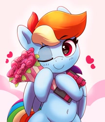 Size: 1036x1200 | Tagged: safe, artist:pabbley, rainbow dash, pegasus, pony, g4, abstract background, belly, belly button, bipedal, bouquet, cute, dashabetes, female, floating heart, flower, heart, holiday, looking at you, mare, one eye closed, smiling, smiling at you, solo, valentine's day, wide hips