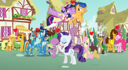 Size: 1200x660 | Tagged: safe, artist:diana173076, applejack, caramel, cheese sandwich, discord, flash sentry, fluttershy, pinkie pie, rainbow dash, rarity, soarin', spike, twilight sparkle, alicorn, dragon, pony, g4, blushing, clothes, female, flying, heart, holiday, kissing, lying down, male, mane seven, mane six, mare, ship:carajack, ship:cheesepie, ship:discoshy, ship:flashlight, ship:soarindash, ship:sparity, shipping, sitting, smiling, stallion, straight, twilight sparkle (alicorn), uniform, valentine's day, winged spike, wings, wonderbolts, wonderbolts uniform