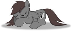Size: 1364x586 | Tagged: dead source, safe, artist:theshadowstone, oc, oc only, oc:shadowstone, pegasus, pony, brown mane, brown tail, eyes closed, female, folded wings, lying, lying down, mare, pegasus oc, ponysona, prone, shadow, shield, simple background, sleeping, solo, tail, transparent background, vector, wings