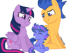 Size: 1079x741 | Tagged: safe, artist:cosmicart16, flash sentry, twilight sparkle, oc, alicorn, pegasus, pony, g4, colt, eyes closed, family, female, foal, male, mare, offspring, parent:flash sentry, parent:twilight sparkle, parents:flashlight, ship:flashlight, shipping, simple background, sitting, smiling, stallion, straight, twilight sparkle (alicorn), white background