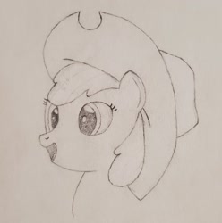 Size: 2066x2084 | Tagged: safe, artist:ceffyl-dŵr, apple bloom, earth pony, pony, g4, applejack's hat, cowboy hat, female, filly, foal, happy, hat, high res, solo, traditional art