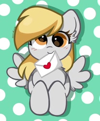 Size: 846x1022 | Tagged: safe, artist:kittyrosie, derpy hooves, pegasus, pony, g4, cute, daaaaaaaaaaaw, derpabetes, ear fluff, female, holiday, letter, mare, mouth hold, signature, solo, valentine's day