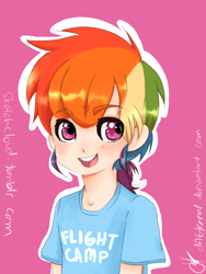Size: 900x1200 | Tagged: safe, artist:gikima, rainbow dash, human, g4, child, cute, daaaaaaaaaaaw, dashabetes, human coloration, humanized, light skin, looking at you, pink background, purple background, simple background, smiling, solo, young, younger