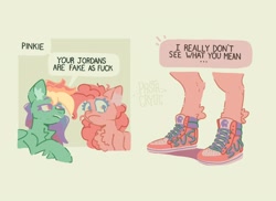 Size: 2048x1490 | Tagged: safe, artist:pastacrylic, pinkie pie, rainbow dash, earth pony, pegasus, pony, g4, amogus, among us, clothes, dialogue, duo, female, mare, meme, shoes, sneakers, speech bubble, sus (among us)