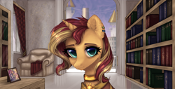Size: 3940x2000 | Tagged: safe, artist:avrameow, sunset shimmer, pony, unicorn, g4, book, bookshelf, canterlot, chair, clasp, clothes, ear fluff, ear piercing, earring, female, high res, jewelry, looking at you, mare, neck fluff, neck rings, older, picture frame, piercing, robes, skyscraper, solar empire, solo, window