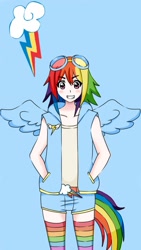 Size: 540x960 | Tagged: source needed, safe, rainbow dash, human, g4, blue background, clothes, cyan background, humanized, rainbow socks, simple background, socks, solo, striped socks