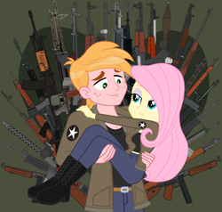 Size: 1000x952 | Tagged: safe, anonymous artist, artist:edy_january, edit, vector edit, big macintosh, fluttershy, human, equestria girls, g4, my little pony equestria girls: better together, assault rifle, bedroom eyes, big breasts, boots, breasts, bridal carry, busty fluttershy, carrying, clothes, female, girls und panzer, gun, heart, heart background, holding, holiday, jacket, link in description, looking at each other, looking at someone, machine gun, male, marine, marines, military, military uniform, rifle, saunders, ship:fluttermac, shipping, shoes, smiling, smiling at each other, soldier, solo, straight, the legend of zelda, uniform, united states, usmc, valentine's day, vector, weapon