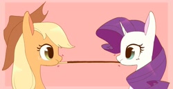 Size: 2048x1056 | Tagged: safe, artist:cheesesauce_45, applejack, rarity, earth pony, pony, unicorn, g4, bust, eating, female, food, lesbian, looking at each other, looking at someone, mare, pink background, pocky, pocky game, puffy cheeks, ship:rarijack, shipping, simple background