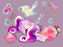 Size: 4766x3611 | Tagged: safe, artist:redsnout, princess cadance, alicorn, pony, g4, arrow, bouquet, bow (weapon), bow and arrow, box of chocolates, cupidance, female, flower, glowing, glowing horn, heart arrow, holiday, horn, levitation, love potion, magic, magic aura, mare, missing accessory, purple background, quill, rose, scroll, simple background, sleeping, snot bubble, solo, telekinesis, tired, valentine's day, weapon