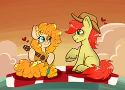 Size: 2048x1482 | Tagged: safe, artist:indigohatetrain, bright mac, pear butter, earth pony, pony, g4, blushing, duo, female, guitar, male, mare, musical instrument, stallion