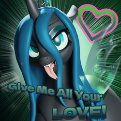 Size: 3840x3840 | Tagged: safe, artist:shreddy117, queen chrysalis, changeling, changeling queen, g4, 3d, explicit source, eyeshadow, fangs, female, forked tongue, hearts and hooves day, high res, looking at you, makeup, solo, text