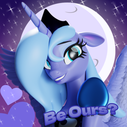 Size: 3840x3840 | Tagged: safe, artist:shreddy117, princess luna, alicorn, pony, g4, 3d, cute, explicit source, eyeshadow, female, freckles, hearts and hooves day, high res, looking at you, lunabetes, makeup, s1 luna, solo, text