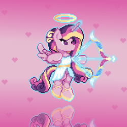 Size: 1350x1350 | Tagged: safe, artist:marioga87512515, princess cadance, alicorn, pony, g4, arrow, bow (weapon), bow and arrow, clothes, cupid, cupidance, dress, female, gradient background, halo, heart, magic, magic aura, mare, pixel art, reflection, solo, weapon