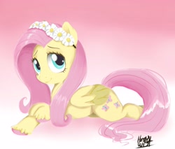 Size: 4096x3492 | Tagged: safe, artist:honeywist, artist:kinderpupp, fluttershy, pegasus, pony, g4, cute, female, floral head wreath, flower, gradient background, lying down, mare, pink background, prone, shyabetes, simple background, smiling, solo, sploot