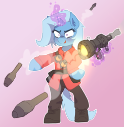 Size: 1781x1817 | Tagged: safe, artist:rellopone, trixie, pony, unicorn, g4, /mlp/ tf2 general, beggar's bazooka, bipedal, glowing, glowing horn, grenade, horn, magic, pinpoint eyes, rocket, rocket launcher, soldier, soldier (tf2), team fortress 2, telekinesis, weapon