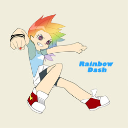 Size: 600x600 | Tagged: safe, artist:mirakurunaito, part of a set, rainbow dash, human, g4, beige background, converse, grin, human coloration, humanized, light skin, panty and stocking with garterbelt, shoes, simple background, smiling, solo, style emulation