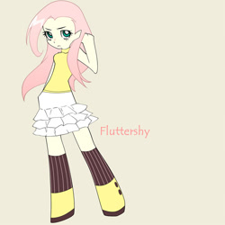 Size: 600x600 | Tagged: safe, artist:mirakurunaito, part of a set, fluttershy, human, g4, beige background, human coloration, humanized, light skin, panty and stocking with garterbelt, simple background, solo, style emulation