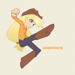 Size: 600x600 | Tagged: safe, artist:mirakurunaito, part of a set, applejack, human, g4, applejack's hat, beige background, cowboy hat, hat, human coloration, humanized, light skin, panty and stocking with garterbelt, simple background, solo, style emulation