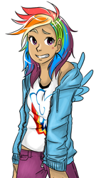 Size: 832x1536 | Tagged: dead source, safe, artist:osottte, rainbow dash, human, g4, human coloration, humanized, simple background, solo, tan skin, white background