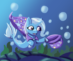 Size: 1800x1500 | Tagged: safe, artist:php176, derpibooru exclusive, trixie, seapony (g4), unicorn, g4, bubble, cape, clothes, colored hooves, crepuscular rays, cute, diatrixes, digital art, dorsal fin, female, fish tail, flowing tail, happy, hat, horn, lineless, mare, ocean, open mouth, purple eyes, raised hoof, rock, seaponified, seapony trixie, seaweed, shading, smiling, solo, species swap, sunlight, swimming, tail, trixie's cape, trixie's hat, underwater, unshorn fetlocks, water, wet