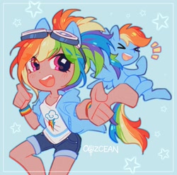 Size: 1937x1912 | Tagged: safe, artist:owzcean, kotobukiya, rainbow dash, human, pony, g4, ><, duo, eared humanization, emanata, eyes closed, female, goggles, goggles on head, human ponidox, humanized, kotobukiya rainbow dash, moderate dark skin, open mouth, open smile, pointing, self paradox, self ponidox, smiling