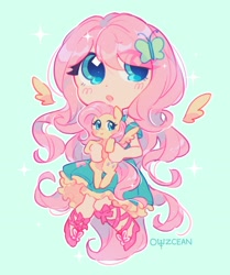 Size: 1979x2370 | Tagged: safe, artist:owzcean, fluttershy, human, pegasus, pony, g4, blushing, eye clipping through hair, floating wings, holding a pony, human ponidox, humanized, light skin, self paradox, self ponidox, smiling, winged humanization, wings